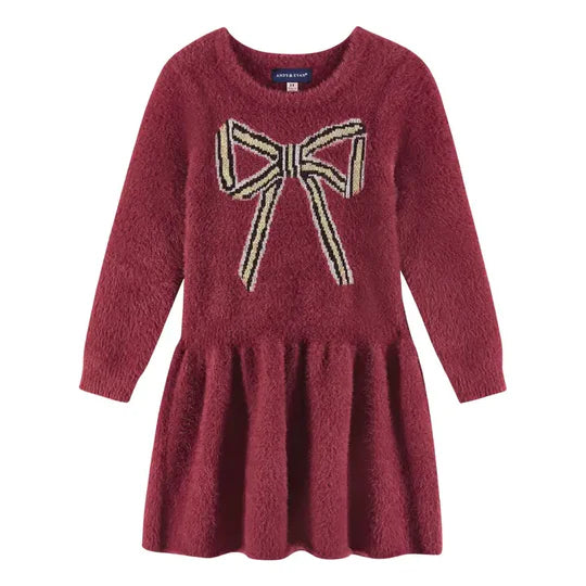 Kids eyelash sweater dress| Red bow christmas