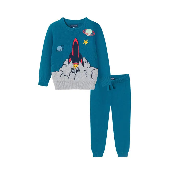 Andy & Evan | Kids (2-4) Sweater Set | Teal Spaceship