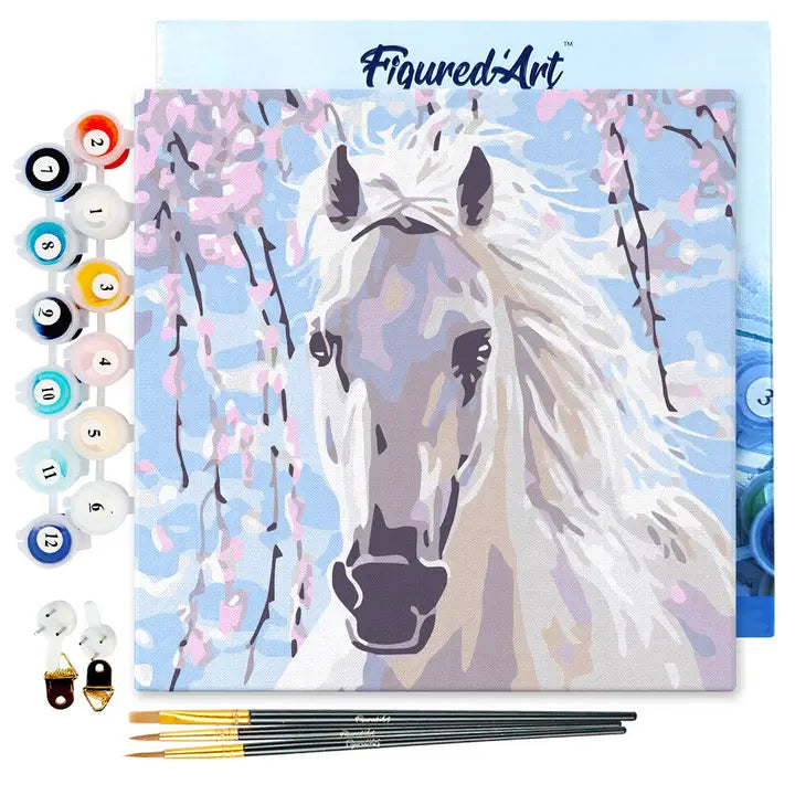 Figured'Art | Mini Paint By Numbers Framed - White Horse And Flowers