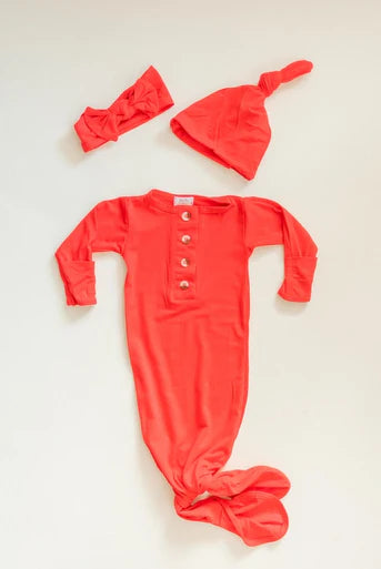 New born Knotted baby gown headband And hat set -Holiday red